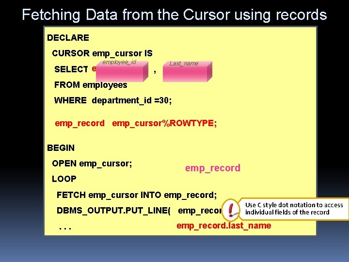 Fetching Data from the Cursor using records DECLARE CURSOR emp_cursor IS employee_id Last_name SELECT Fetching Data from the Cursor using records DECLARE CURSOR emp_cursor IS employee_id Last_name SELECT