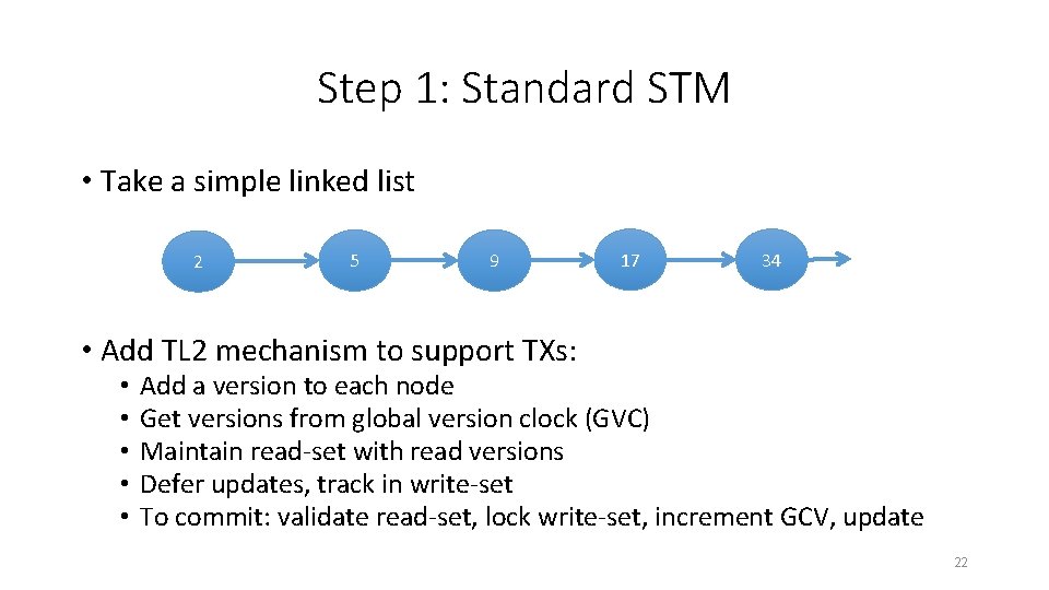 Step 1: Standard STM • Take a simple linked list 2 5 9 17