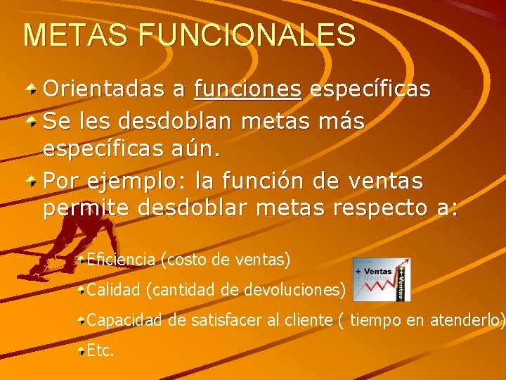 METAS FUNCIONALES Orientadas a funciones específicas Se les desdoblan metas más específicas aún. Por