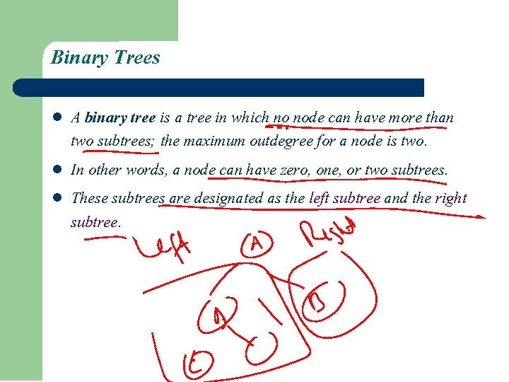 Binary Trees l l l A binary tree is a tree in which no Binary Trees l l l A binary tree is a tree in which no