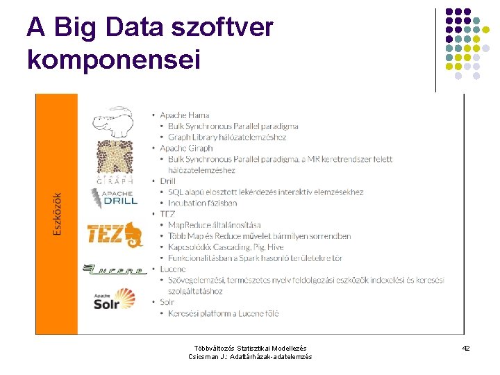 A Big Data szoftver komponensei Többváltozós Statisztikai Modellezés Csicsman J. : Adattárházak-adatelemzés 42 