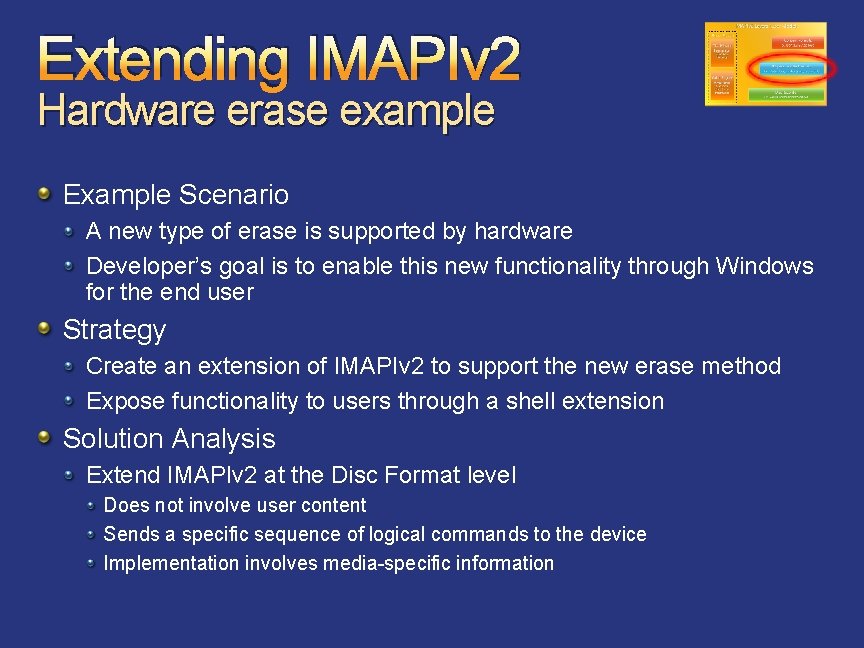 Extending IMAPIv 2 Hardware erase example Example Scenario A new type of erase is