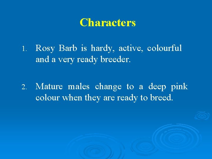 Characters 1. Rosy Barb is hardy, active, colourful and a very ready breeder. 2.