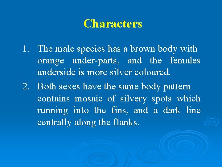 Characters 1. The male species has a brown body with orange under-parts, and the