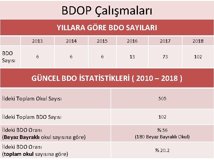 BDOP Çalışmaları YILLARA GÖRE BDO SAYILARI BDO Sayısı 2013 2014 2015 2016 2017 2018