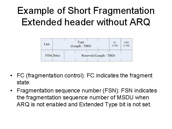 Example of Short Fragmentation Extended header without ARQ • FC (fragmentation control): FC indicates