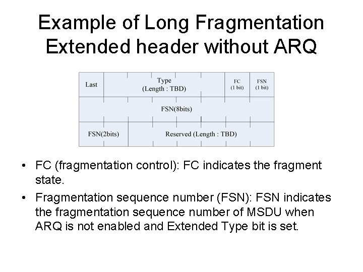 Example of Long Fragmentation Extended header without ARQ • FC (fragmentation control): FC indicates