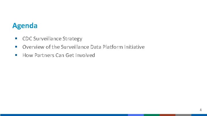 Agenda § CDC Surveillance Strategy § Overview of the Surveillance Data Platform Initiative §