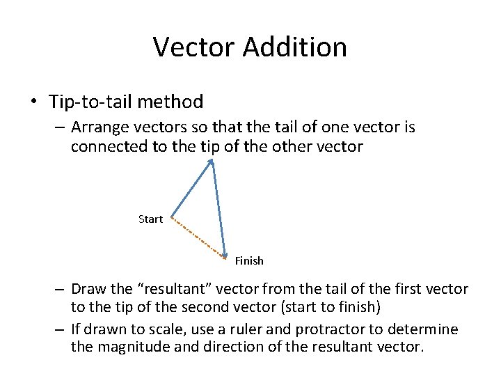 Vector Addition • Tip-to-tail method – Arrange vectors so that the tail of one