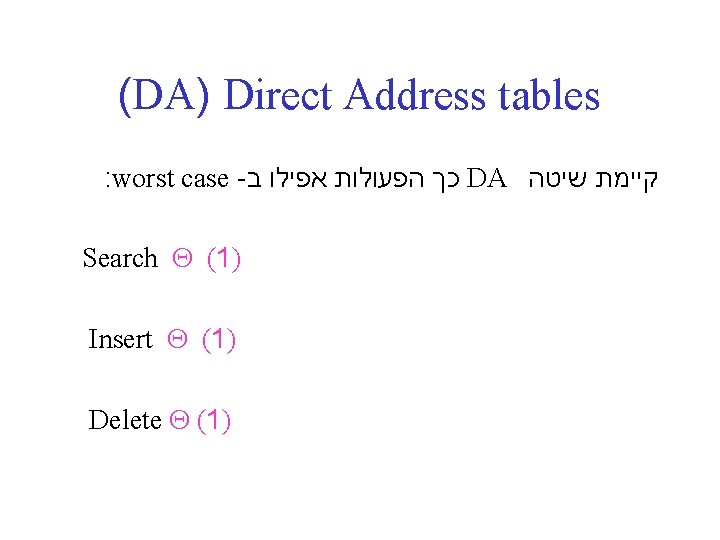 (DA) Direct Address tables : worst case - כך הפעולות אפילו ב DA קיימת