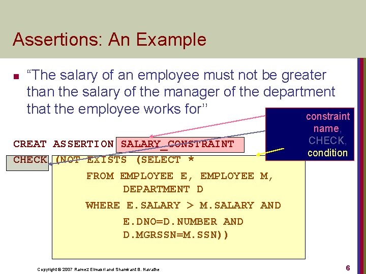Assertions: An Example n “The salary of an employee must not be greater than