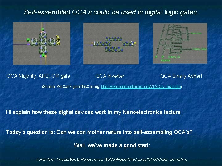 Self-assembled QCA’s could be used in digital logic gates: QCA Majority, AND, OR gate