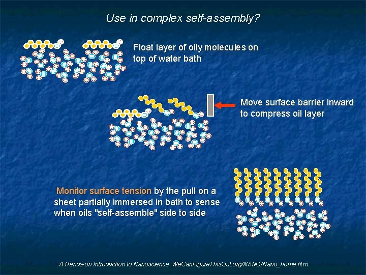 Use in complex self-assembly? Float layer of oily molecules on top of water bath