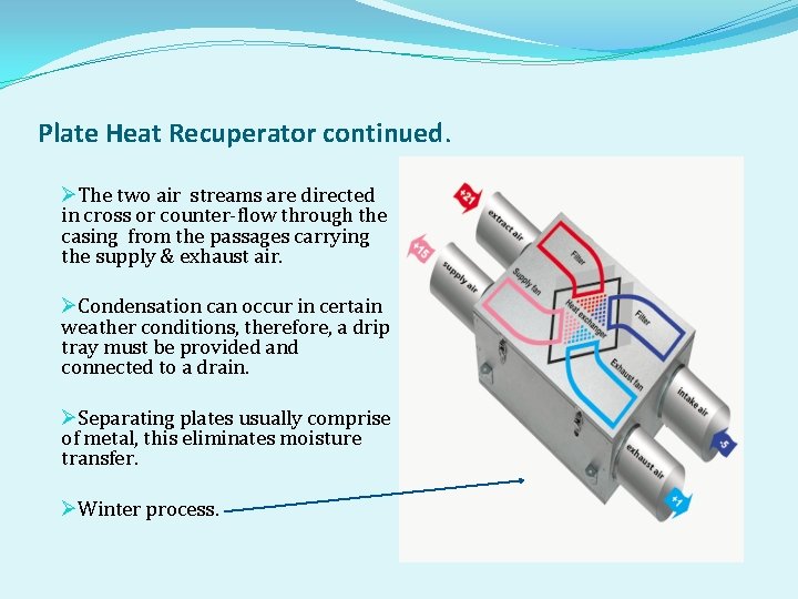 Plate Heat Recuperator continued. ØThe two air streams are directed in cross or counter-flow