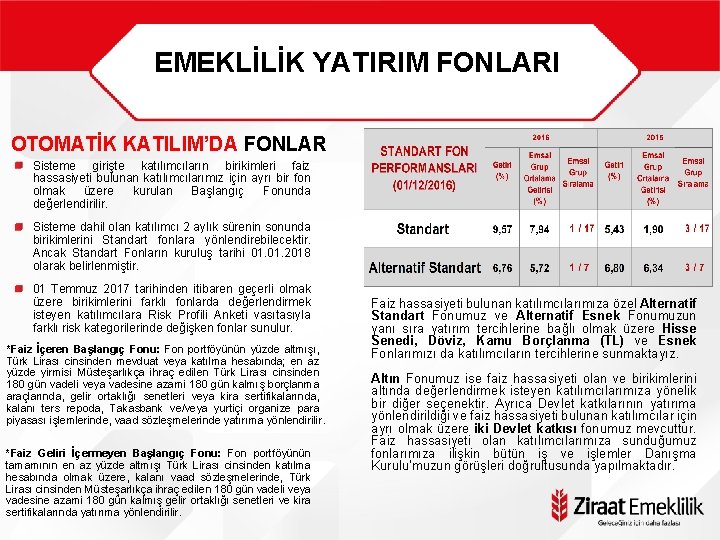 EMEKLİLİK YATIRIM FONLARI OTOMATİK KATILIM’DA FONLAR Sisteme girişte katılımcıların birikimleri faiz hassasiyeti bulunan katılımcılarımız