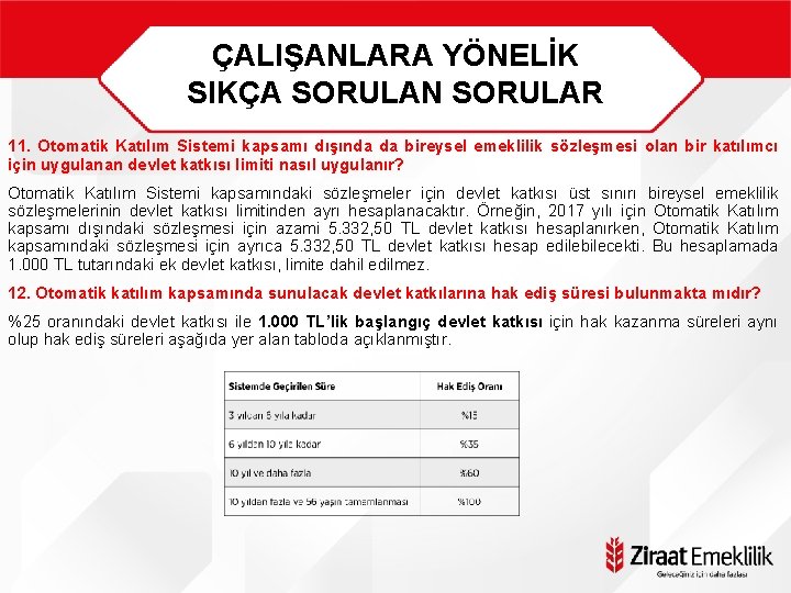 ÇALIŞANLARA YÖNELİK SIKÇA SORULAN SORULAR 11. Otomatik Katılım Sistemi kapsamı dışında da bireysel emeklilik