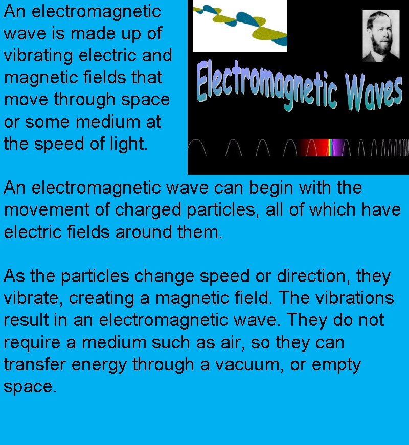 An electromagnetic wave is made up of vibrating electric and magnetic fields that move