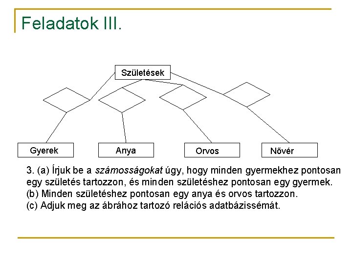 Feladatok III. Születések Gyerek Anya Orvos Nővér 3. (a) Írjuk be a számosságokat úgy,