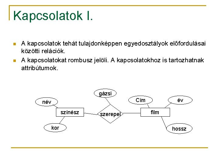 Kapcsolatok I. n n A kapcsolatok tehát tulajdonképpen egyedosztályok előfordulásai közötti relációk. A kapcsolatokat