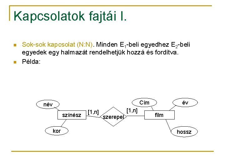 Kapcsolatok fajtái I. n n Sok-sok kapcsolat (N: N). Minden E 1 -beli egyedhez