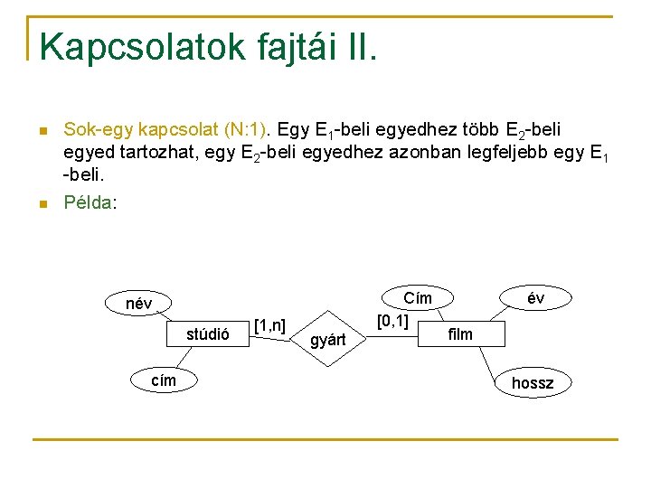 Kapcsolatok fajtái II. n n Sok-egy kapcsolat (N: 1). Egy E 1 -beli egyedhez