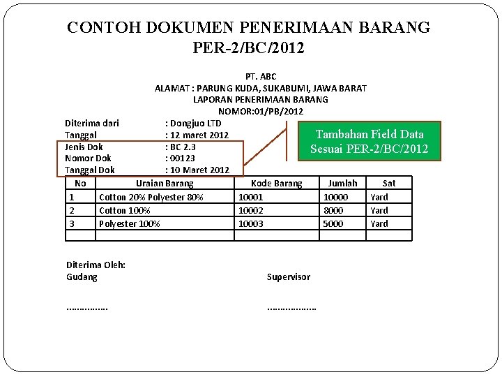 CONTOH DOKUMEN PENERIMAAN BARANG PER-2/BC/2012 PT. ABC ALAMAT : PARUNG KUDA, SUKABUMI, JAWA BARAT