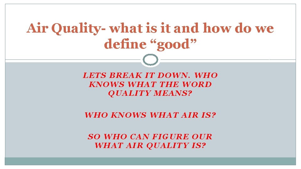 Air Quality- what is it and how do we define “good” LETS BREAK IT