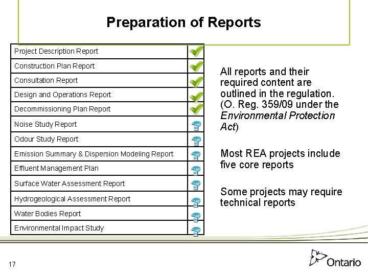 Preparation of Reports Project Description Report Construction Plan Report Consultation Report Design and Operations