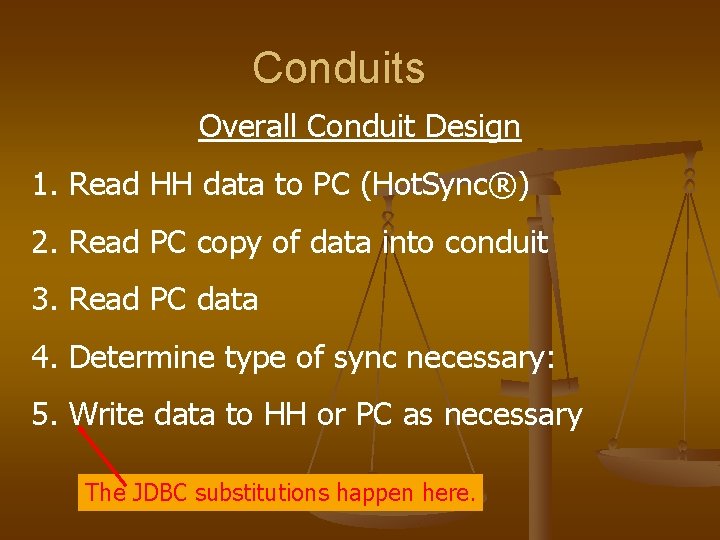 Conduits Overall Conduit Design 1. Read HH data to PC (Hot. Sync®) 2. Read