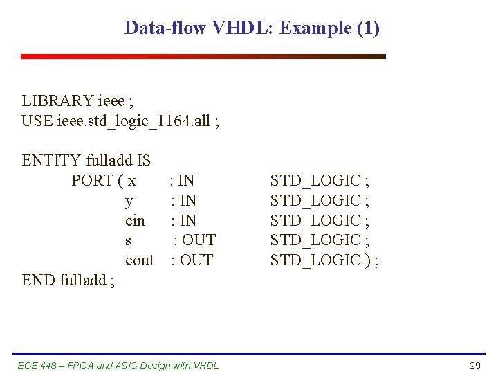 Data-flow VHDL: Example (1) LIBRARY ieee ; USE ieee. std_logic_1164. all ; ENTITY fulladd