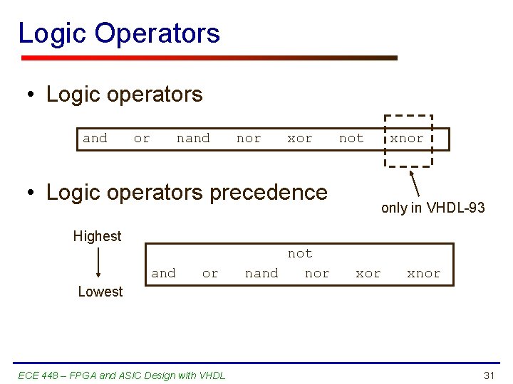 Logic Operators • Logic operators and or nand nor xor not • Logic operators