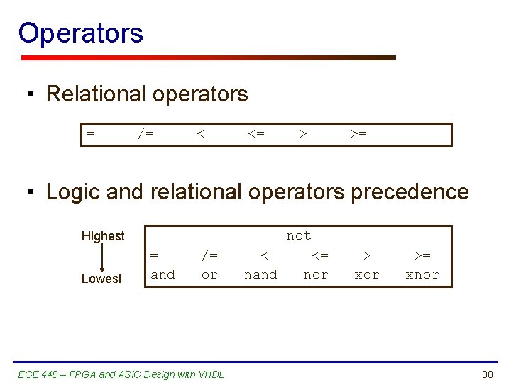 Operators • Relational operators = /= < <= > >= • Logic and relational
