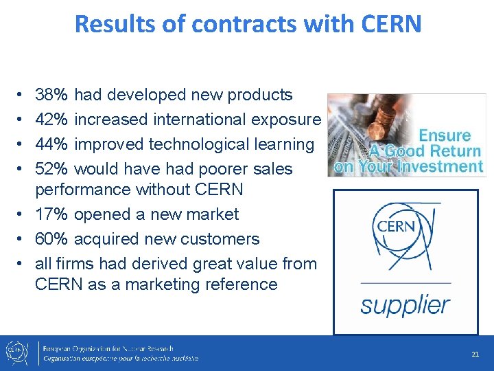 Results of contracts with CERN • • 38% had developed new products 42% increased