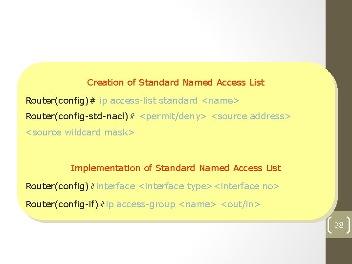 Standard Named Access List Creation of Standard Named Access List Router(config)# ip access-list standard