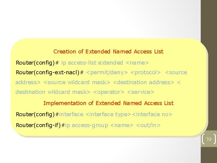 Extended Named Access List Creation of Extended Named Access List Router(config)# ip access-list extended