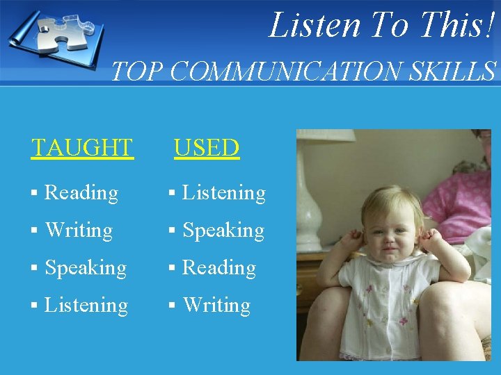 Listen To This! TOP COMMUNICATION SKILLS TAUGHT USED § Reading § Listening § Writing