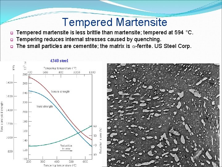 Tempered Martensite q q q Tempered martensite is less brittle than martensite; tempered at