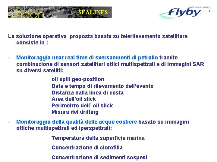 SEALINES La soluzione operativa proposta basata su telerilevamento satellitare consiste in : - Monitoraggio