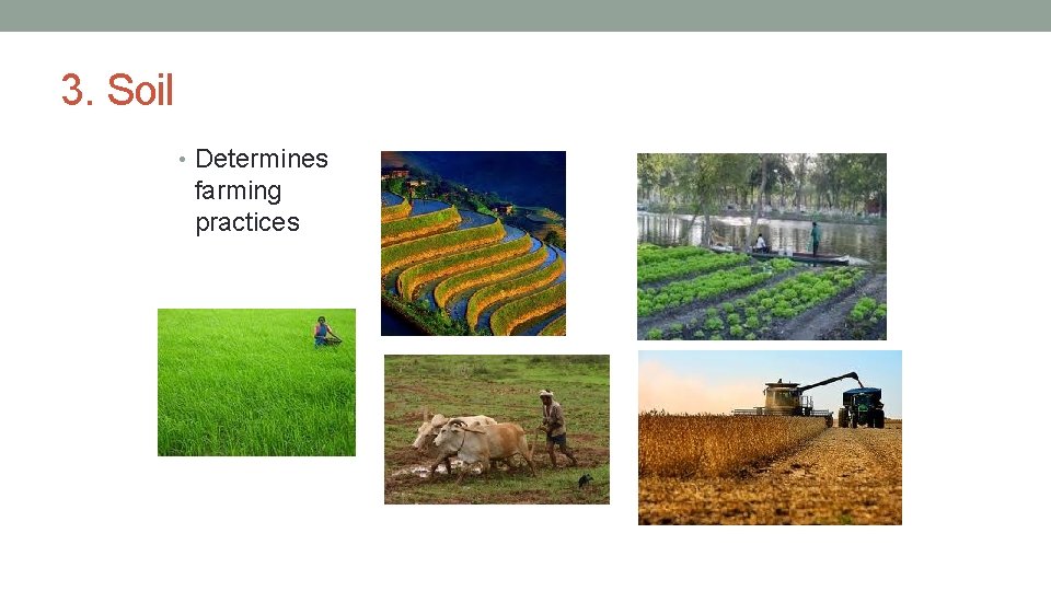 3. Soil • Determines farming practices 