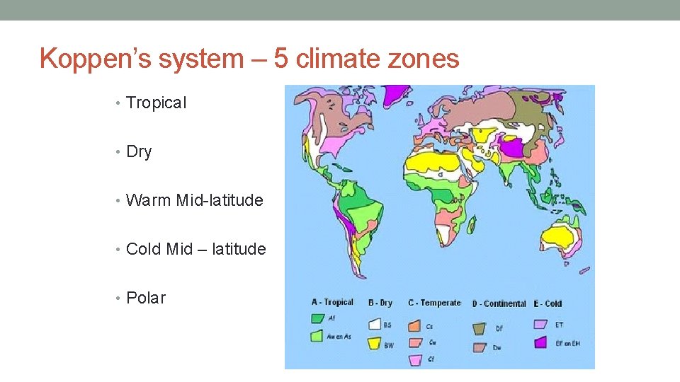 Koppen’s system – 5 climate zones • Tropical • Dry • Warm Mid-latitude •