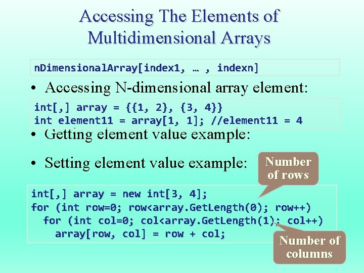 Accessing The Elements of Multidimensional Arrays n. Dimensional. Array[index 1, … , indexn] •