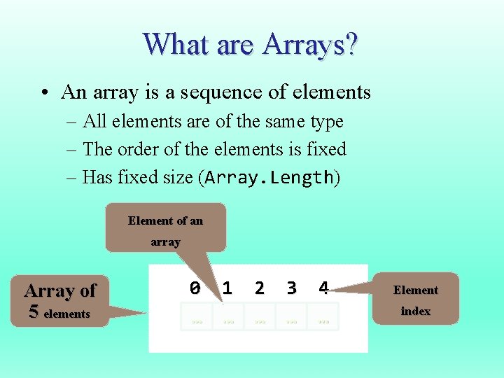 What are Arrays? • An array is a sequence of elements – All elements
