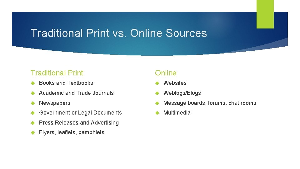 Traditional Print vs. Online Sources Traditional Print Online Books and Textbooks Websites Academic and