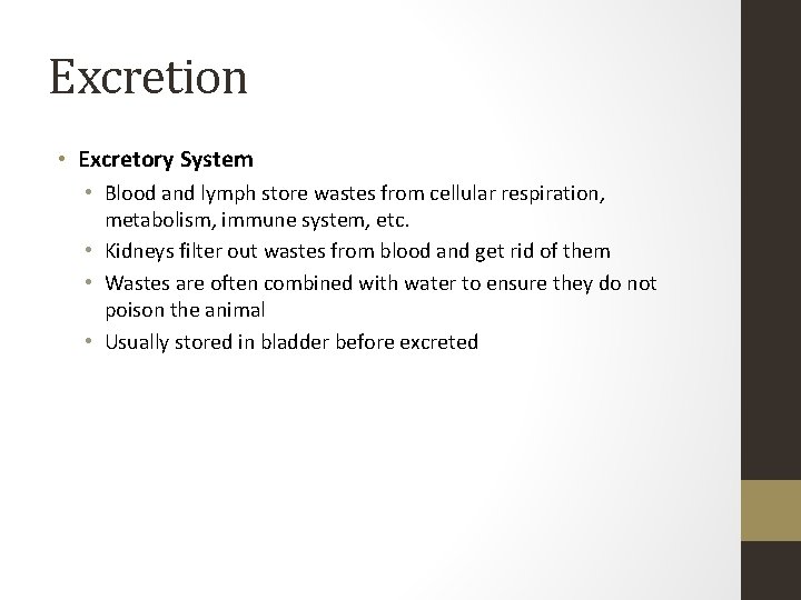 Excretion • Excretory System • Blood and lymph store wastes from cellular respiration, metabolism,