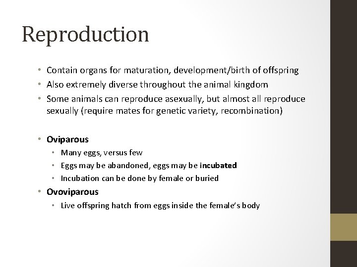 Reproduction • Contain organs for maturation, development/birth of offspring • Also extremely diverse throughout