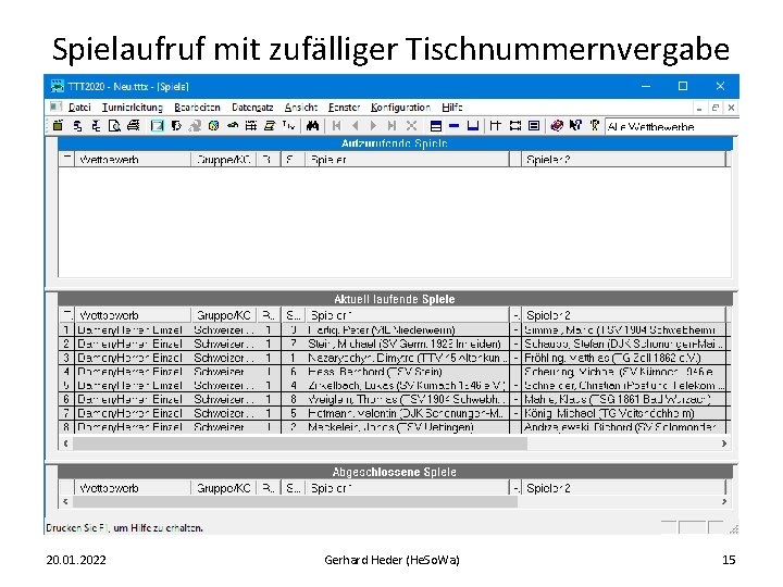Spielaufruf mit zufälliger Tischnummernvergabe 20. 01. 2022 Gerhard Heder (He. So. Wa) 15 