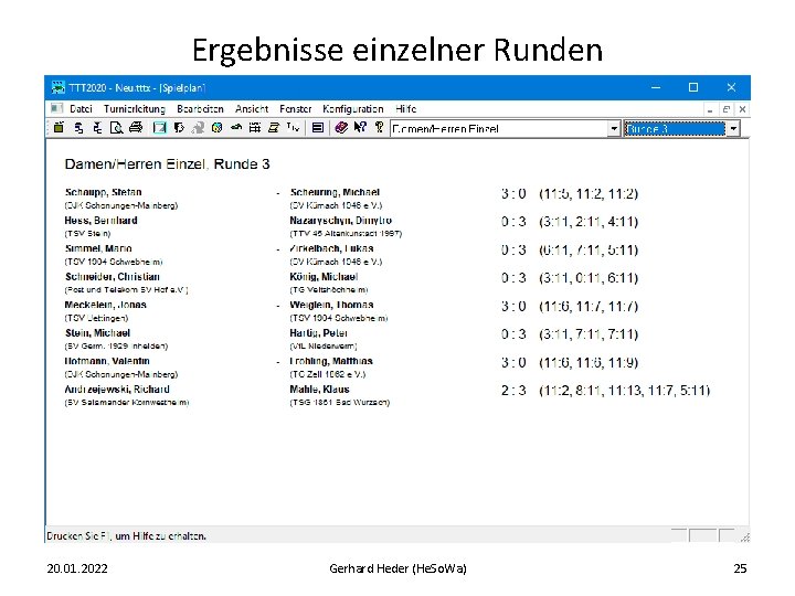 Ergebnisse einzelner Runden 20. 01. 2022 Gerhard Heder (He. So. Wa) 25 