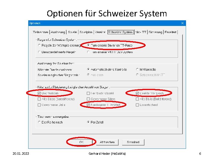 Optionen für Schweizer System 20. 01. 2022 Gerhard Heder (He. So. Wa) 6 