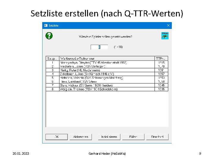 Setzliste erstellen (nach Q-TTR-Werten) 20. 01. 2022 Gerhard Heder (He. So. Wa) 9 