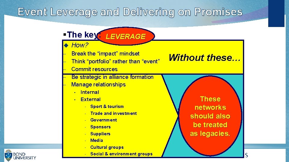 Event Leverage and Delivering on Promises §The key: LEVERAGE How? – Break the “impact”